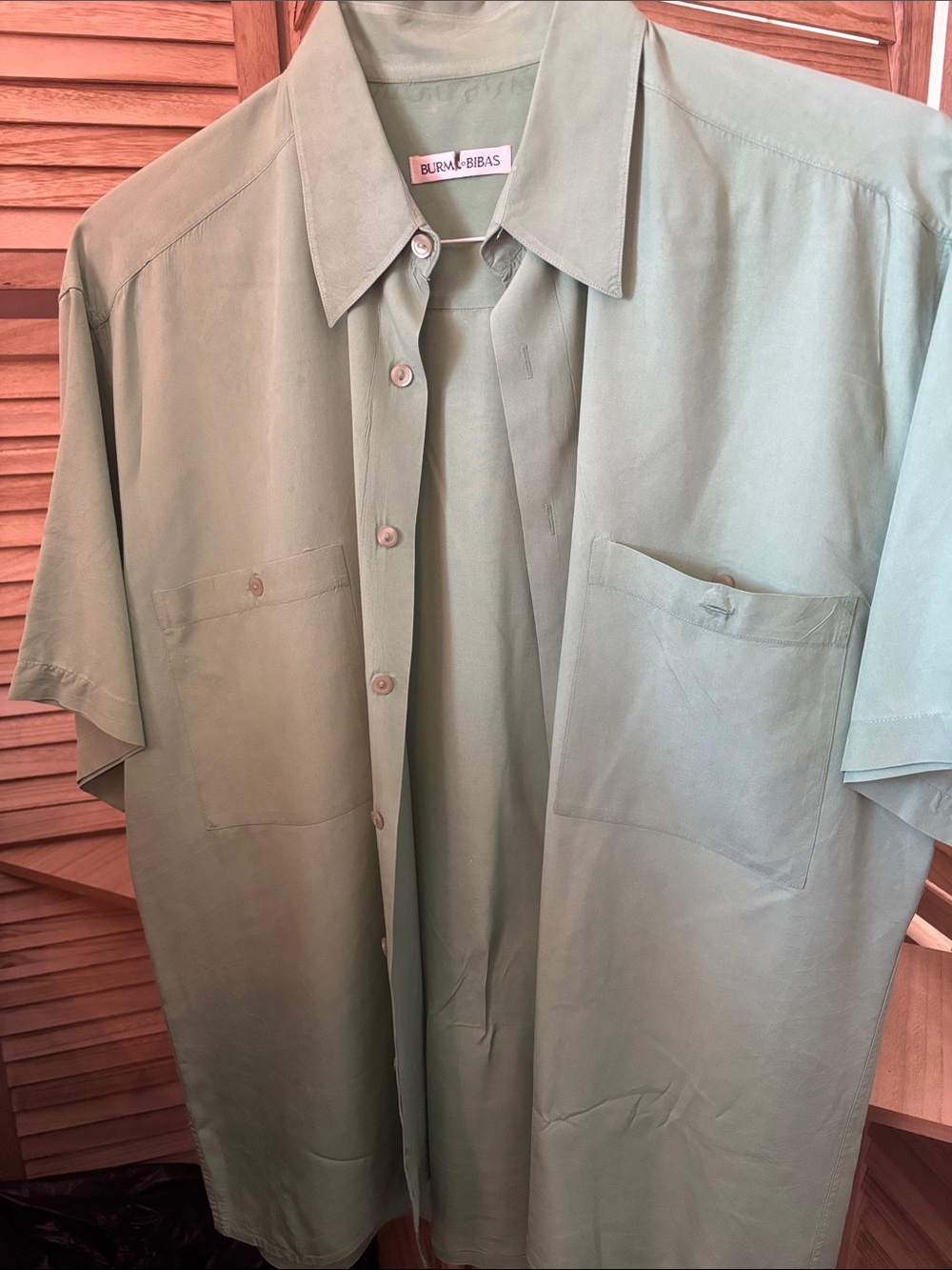 Burma Bibas Men’s Sage Green Short-Sleeve Button-Up Silk Shirt Medium